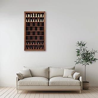 Giant Wall Mounted Board Game Wooden Chess Game Set with A Complete Set of Carved Chess Pieces Vertical Display Cabinet for Home Games Hanging Art Home Decoration (Burnt Color)