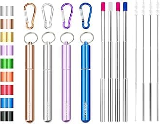 4 Pack Portable Reusable Metal Straw Collapsible Stainless Steel Drinking Straw Telescopic Straw to Drink Water Smoothie with Aluminum Key-chain Case & Cleaning Brush(Silver&rose gold&blue&purple)