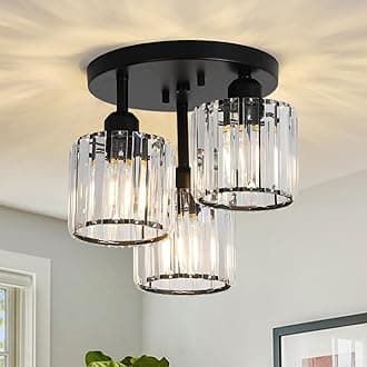 PAUFUL Crystal Semi Flush Mount Ceiling Light,3-Light Modern Close to Ceiling Light Fixtures,Black Kitchen Light Fixtures with Clear Crystal Shade,Hallway Light Fixtures for Hallway Bedroom Bathroom