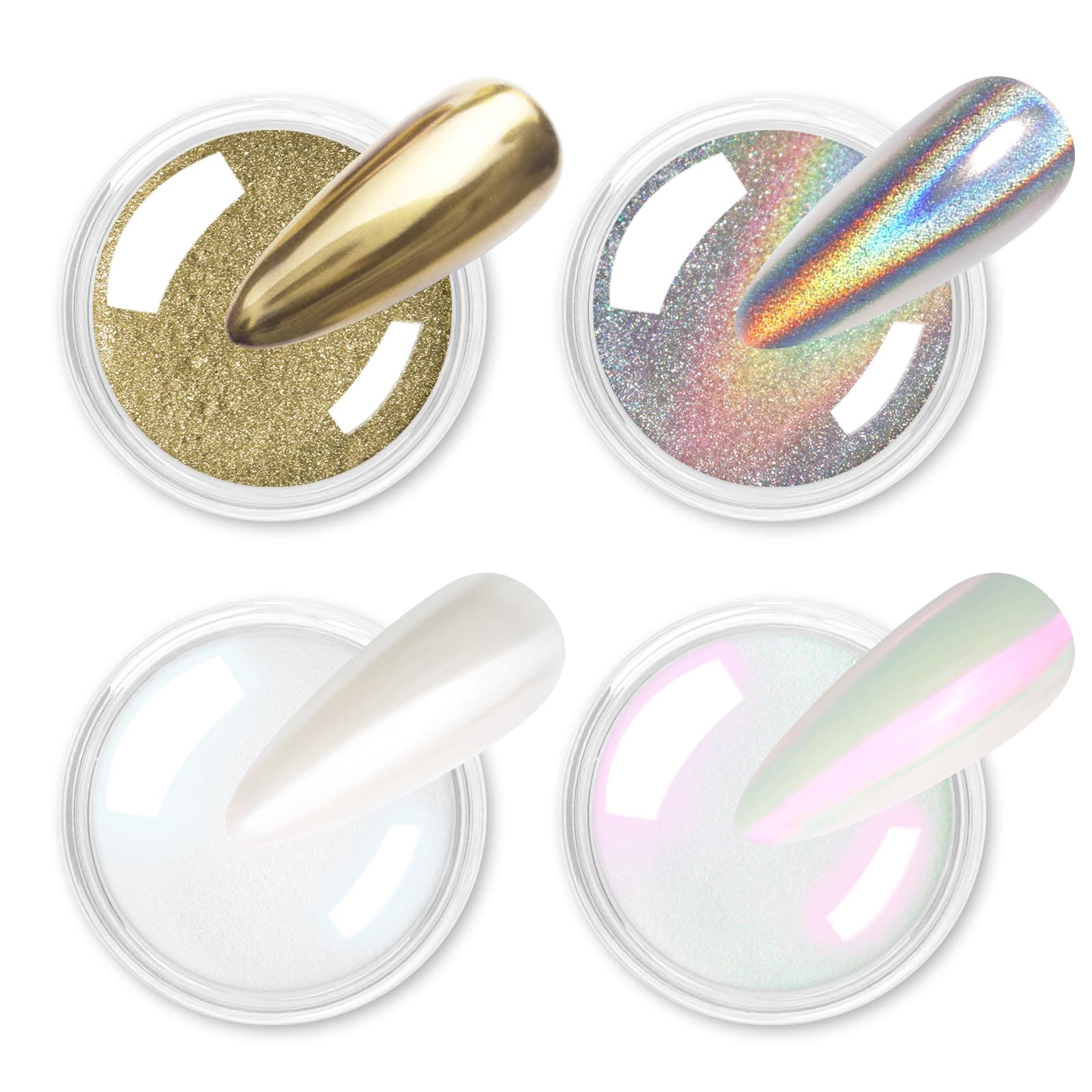 Chrome Nail Powder 4pcs White Pearl Chrome Pigment Powder Iridescent Holographic Nail Glitter Dust Metallic Mirror Effect Pigment for Nail Gel Manicure DIY at Home Salon Women Gifts