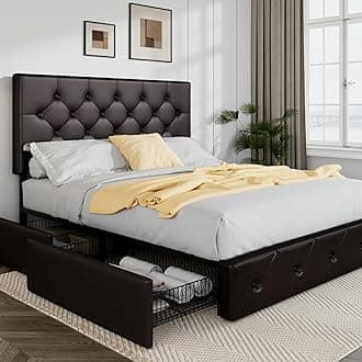 Upholstered Full Size Platform Bed Frame with 4 Storage Drawers and Headboard, Diamond Stitched Button Tufted, Mattress Foundation with Wooden Slats Support, No Box Spring Needed, Black Brown