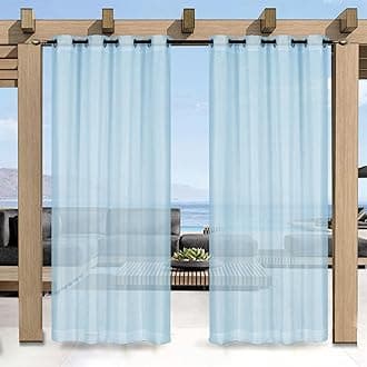Outdoor Curtain for Patio, Blue Linen Look Semi-Sheer Curtains Waterproof Light Filtering Voile Outside Grommet Drapes for Pergola Balcony Pool Indoor 2 Panels, W120 x L84