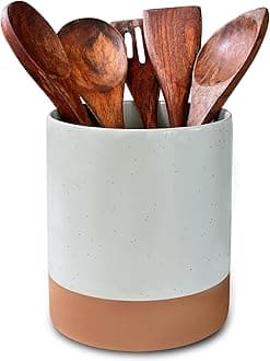 Ceramic Kitchen Utensil Holder - Wooden Spoon & Spatula Crock for Countertop, Modern Farmhouse Home Decor, Extra Large 7.3" Cooking Organizer for Stove Top and Counter - Heavy & Sturdy - Grey
