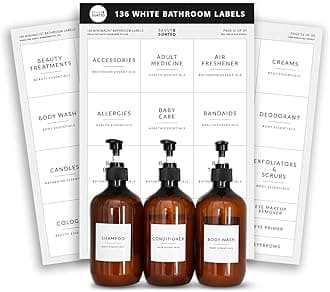Minimalist Bathroom Labels for Organizing, 136 Preprinted Bath Room and Makeup Organizer Stickers, Waterproof Removable, Soap Shampoo Storage Supplies