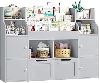 FINETONES Toy Storage Organizer, Large Toy Organizers and Storage with 8 Storage Cubbies and 2 Movable Drawers, Toy Shelf Organizer with 4 Display Shelves, 3-Tier Kids Bookshelf and Toy Storage, Grey