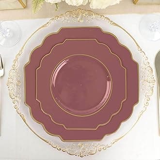 Efavormart 10 Pack | 8" Cinnamon Rose Hard Plastic Baroque Dessert Plates With Gold Rim, Heavy Duty Disposable Salad Appetizer Plates