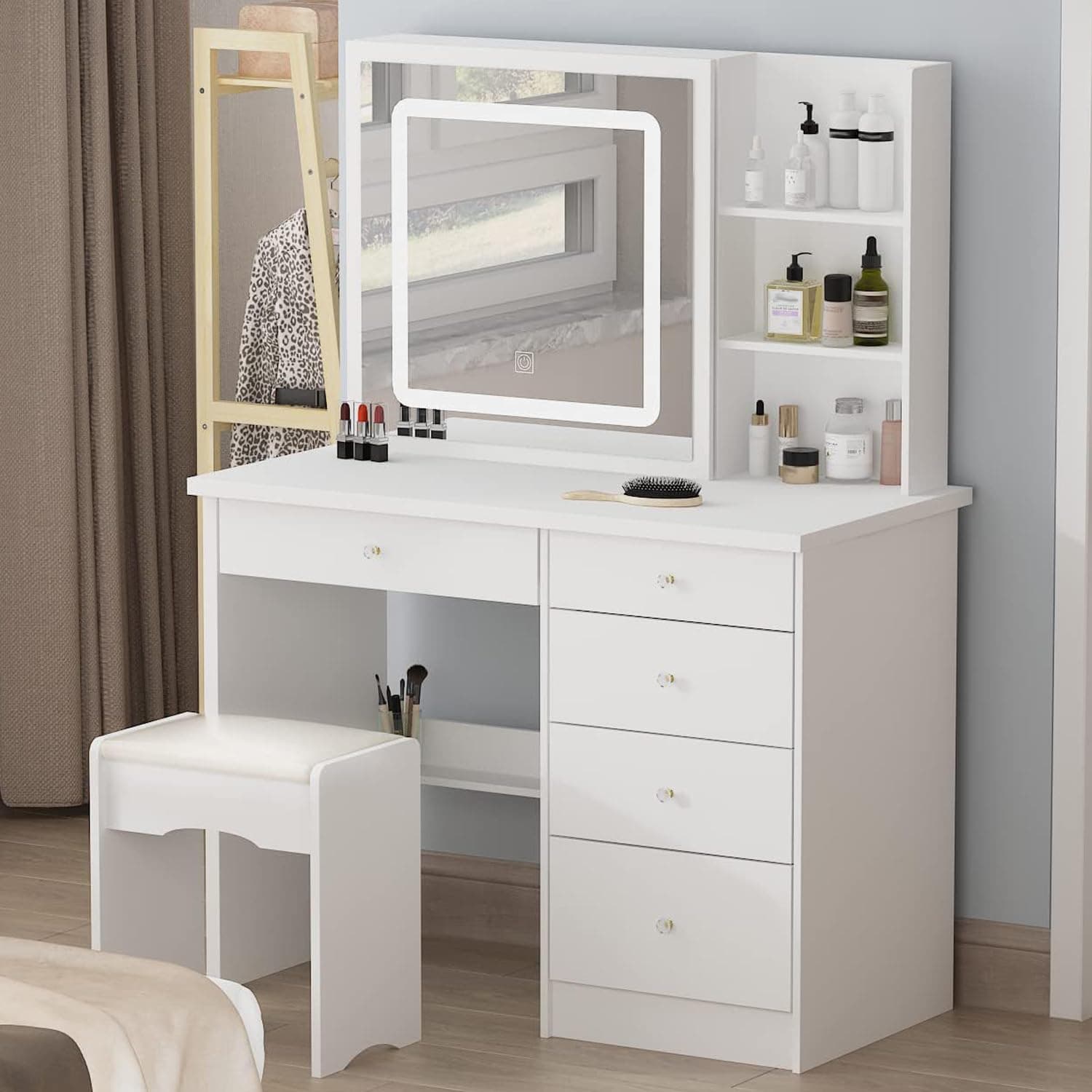 Vanity Desk Set Makeup Table with Large Lighted Mirror, Dressing Table with 5 Drawers, Storage Shelves & Cushioned Stool for Bedroom, White