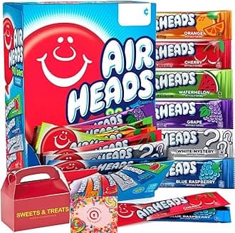 Airhead Fruit Flavored Candy Variety Pack | Watermelon, Blue Raspberry, Cherry, White Mystery, & Strawberry | Individually Wrapped | Treat Box Included (90 Bars - Bulk)