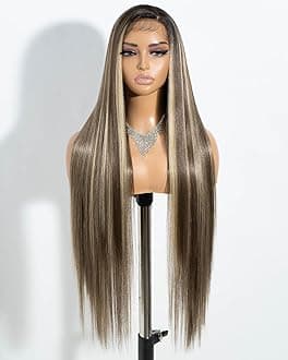 Style Icon 13x4 Lace Frontal Wig Brown Highlight 38 inch Super Long Straight Hair Wig for Women Synthetic Lace Front Wig Pre Plucked with Baby Hair Synthetic Fiber (NTSN4/UN8/12R)