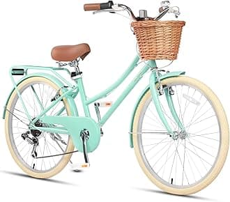 20 24 26 Inch Beach Cruiser Bike, 6-Speed Hybrid City Bicycle for Girls Youth and Over 6 Years Old, Missy Bike with Wicker Basket & Lightweight, Multiple Colors