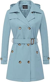 CREATMO US Women's Trench Coat Double-Breasted Classic Lapel Overcoat Belted Slim Outerwear Coat with Detachable Hood