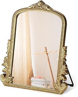 Vintage Makeup Mirror, Vanity Desk Mirror Antique Traditional Tabletop Mirror, Standing, Hang or Wall Mounted, Adjustable Dress-up Mirror, Gold Decor Mirror for Living Room,Bedroom (gold, 12*9.8 in)