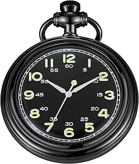 Uncovered Men's Mechanical Pocket Watch with Chain, Uncovered Roman Design Dial Chain Mechanical Pocket Watches for Men