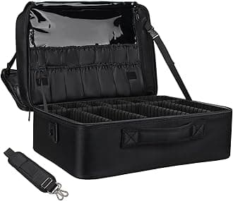 Relavel Extra Large Makeup Case, Professional Makeup Artist Bag Double Layer Compartment Cosmetic Travel Organizer Bag Makeup Brush Storage Holder with Adjustable Dividers and Shoulder Strap, Black