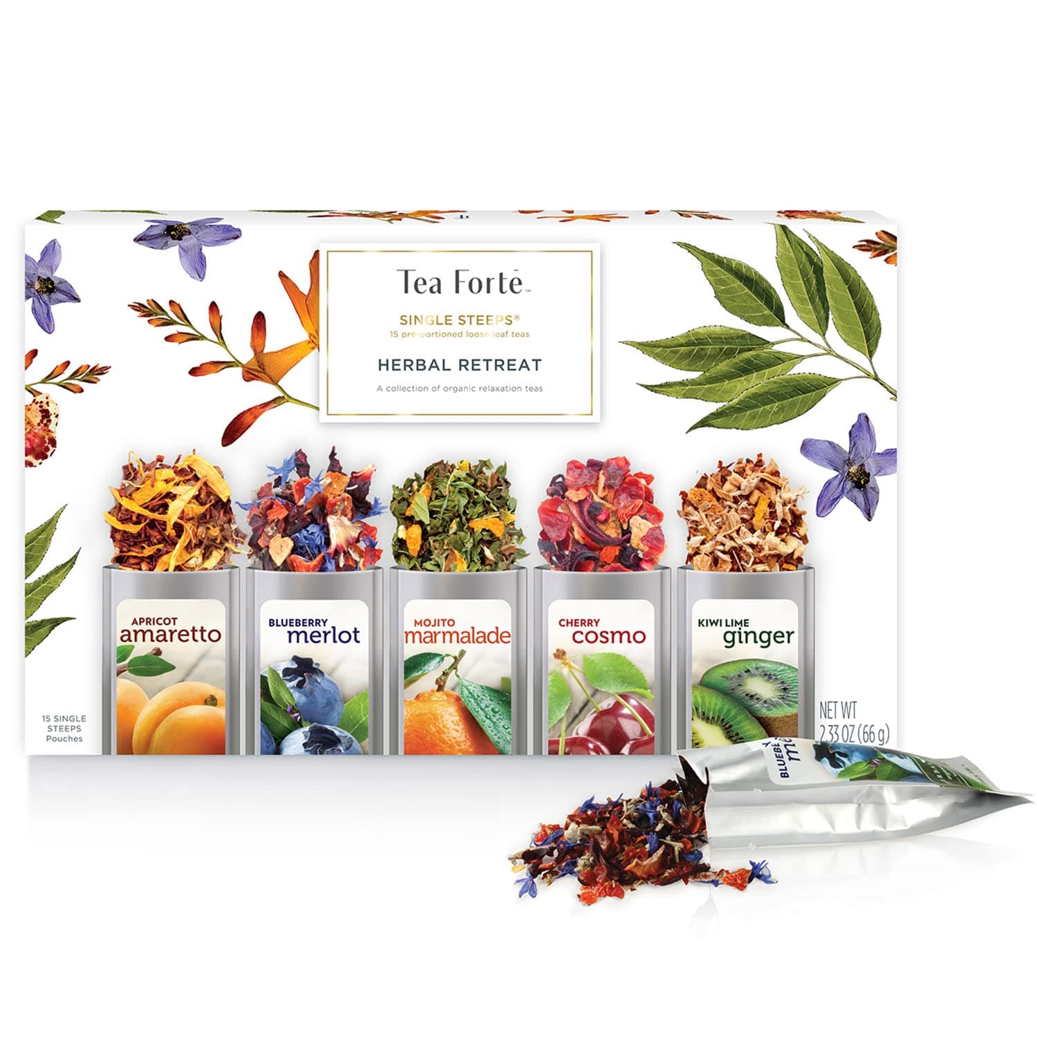 Single Steeps Loose Leaf Tea Sampler, Assorted Variety Tea Box, 15 Single Serve Pouches, Herbal Retreat Tea