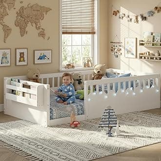 Montessori Floor Bed with High Rails,Twin Size Floor Bed Frame for Kids, LED Lights & Storage Shelf, Safe & Wider Opening Gate Design, Playground & Sleep Space for Girls Boys,White