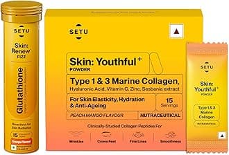 Setu Radiant Skin Combo | Glutathione Tablets to Reduce Hyperpigmentation (15 Tablets) & Marine Collagen Powder to Reduce Wrinkles (15 Sachets), Skin Supplements (Combo Pack)