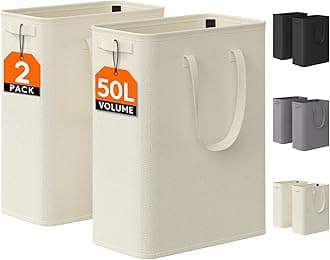 2 Pack Slim Laundry Hamper, Collapsible Narrow Laundry Basket, Small Tall Dirty Clothes Hampers with Handles for Bathroom Bedroom College Dorm, White, 50L