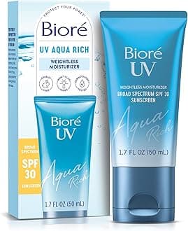 - Biore UV Aqua Rich SPF 30 PA+++ Daily Moisturizer Sunscreen for Face, For Sensitive Skin, Oil Free, Hyaluronic Acid, Vegan, Oxybenzone & Octinoxate Free, Dermatologist Tested, 1.7 Oz