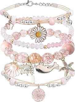 DS 4PCS Beaded Charm Bracelets for Teen Girls Dainty cute cartoon Crystal Beads Pearl Bracelets anklets set for woman and girls Adjustable Stretch bracelet birthday Gift For Friends
