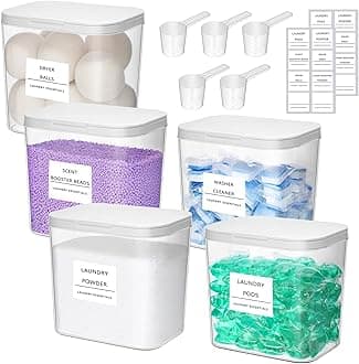 Lifewit 5 Pack Laundry Pods container with Labels and Measuring Scoops, Five 0.72 Gal/92 Oz Laundry Powder Containers with Press-and-Pop Lid, Room Organization and Storage for Booster Beads