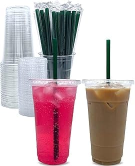 Aatriet 24 oz Clear Plastic Cups with Lids and STRAWS, Disposable Party Cups for To Go Iced Coffee Cold Drinks, Smoothie, Juice, Parfait, Frappuccino, Milkshake. No Leaking Fruit Cup, 25 Sets