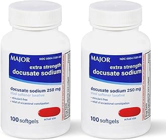 MAJOR Docusate Sodium 250 mg, Extra Strength Stool Softener Laxative for Occasional Constipation Relief – Stimulant‑Free, 100 Softgels (2 Pack)