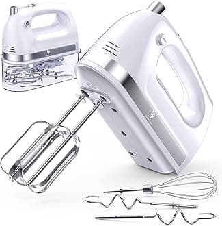 Hand Mixer Electric, Food Mixer 5 Speeds Handheld Blender, 5 Stainless Steel Accessories, Storage Box, Kitchen Blender with Cord for Cream, Cookies, Dishwasher Safe, White