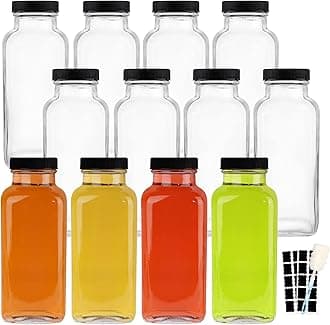 12 OZ Glass Drink Bottles, Set of 12 Vintage Glass Water Bottles with Lids, Great for storing Juices, Milk, Beverages, Kombucha and More (Labels and Sponge Brush Included)