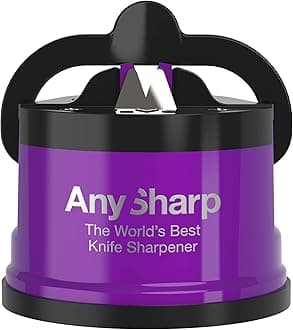 AnySharp – PRO – Hands Free Knife Sharpener - Easy to Use Sharpening Tool with PowerGrip Suction Base and 20-Degree Pre-set Angle - For All Knives: Chef’s, Serrated, and Hardened Steel - Purple (UV)