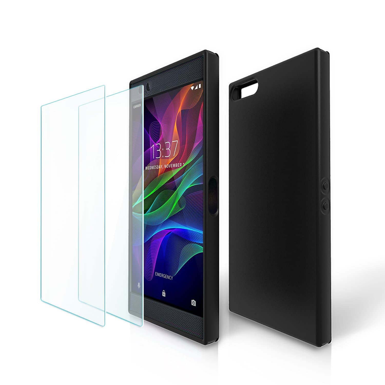 Razer Phone Screen Protector (2 Pack) and Case (Updated Version with Correct Cutout for Charging Port), Niyattn Tempered Glass Screen Protector and Case for Razer Phone