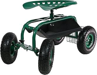 Sunnydaze Rolling Garden Cart with Seat - Garden Stool with Wheels and Adjustable 360-Degree Swivel Seat - Utility Tool Tray and Storage Basket - Green