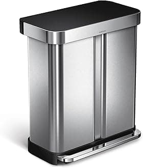 simplehuman 58 Liter / 15.3 Gallon Rectangular Dual Compartment Recycling Kitchen StepTrash Can with Soft-Close Lid, Brushed Stainless Steel with Black Plastic Lid