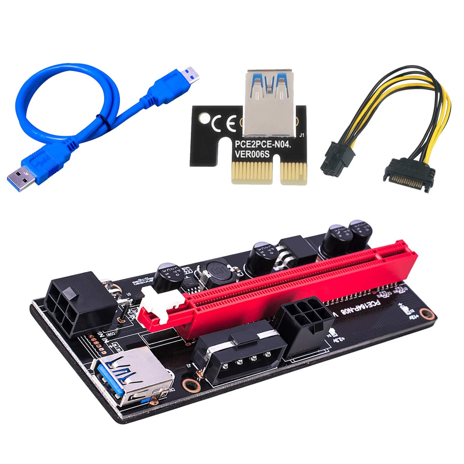 PCIE Riser 1X TO 16X Graphics Extension for GPU Mining Powered Riser Adapter Card, 60cm USB 3.0 Cable, 4 Solid Capacitors, Two 6PIN and Molex 3 Power Options