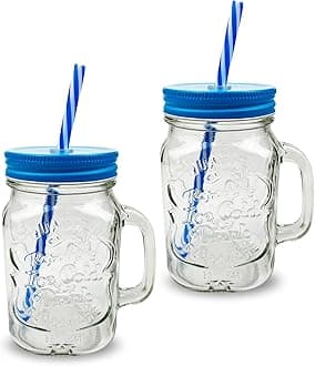 G4GADGET 2 X 500ml Glass Mason Drinking Jars Bottles Party Drink Glasses + Lids and Straws