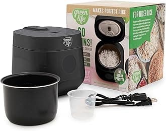GreenLife Digital Rice Cooker, 2-Cups Uncooked/4-Cups Cooked, Removable Nonstick Ceramic PFAS-Free Pot, One-Touch Presets, Oats, Quinoa, Brown Rice, Auto Keep Warm, Fuzzy Logic Tech, 1.5QT, Black