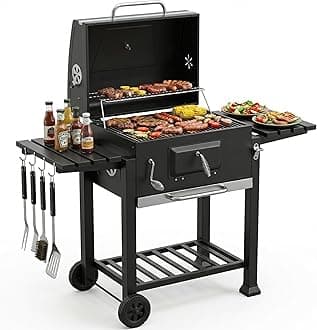 Barbecue Grill, Outdoor XXL Portable Charcoal BBQ Smoker with 2 Foldable Side Tables, Built-in Thermometer, Adjustable Charcoal Pan, Wheels, Warming Rack for Outdoor Home Garden Party Patio Cooking
