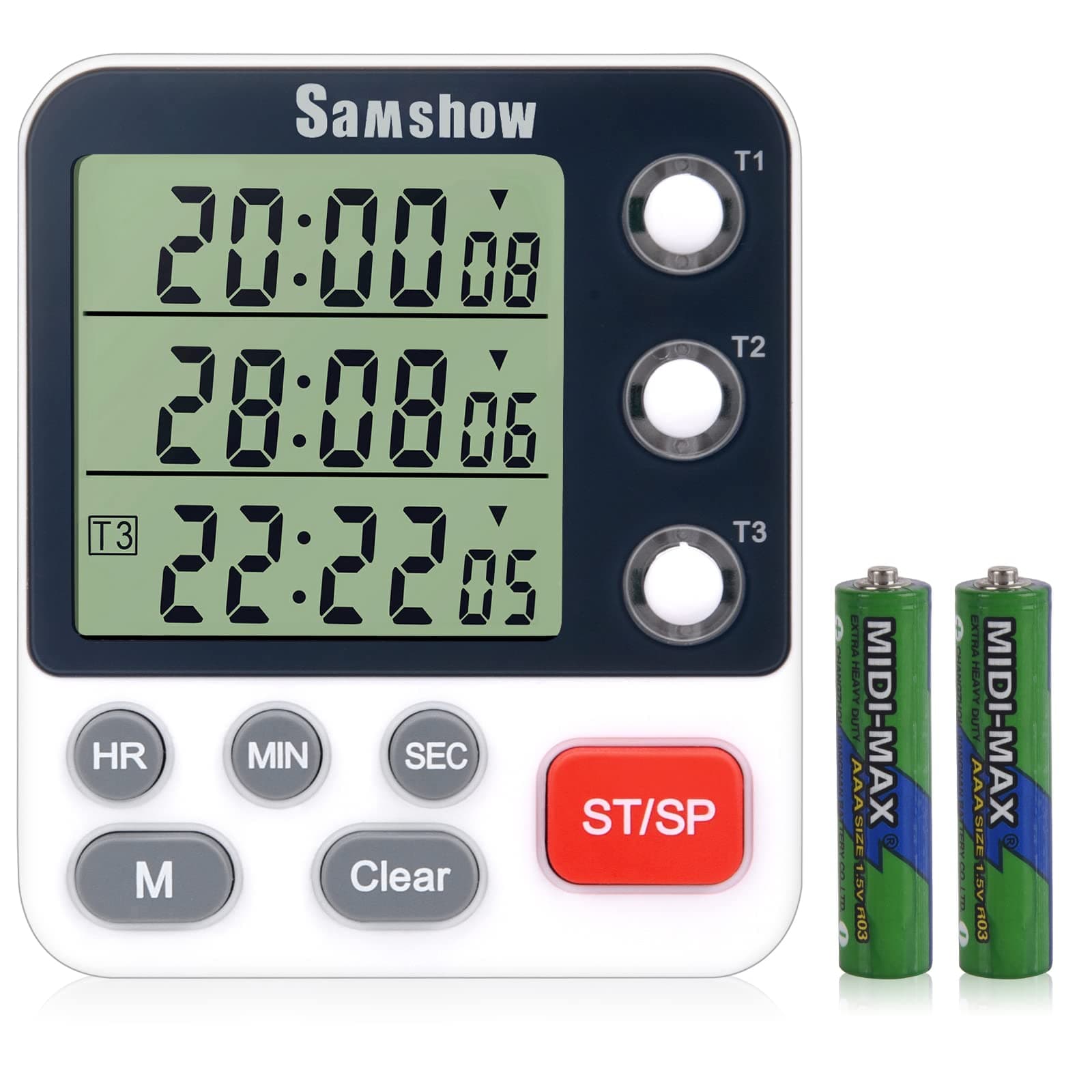 Digital Triple Kitchen Timer, Samshow 3 Channels Countdown Up Timer, Cooking Timer, Stopwatch, Large Display, Adjustable Volume Alarm and Flashing Light with Magnetic Back, Stand (Battery Included)