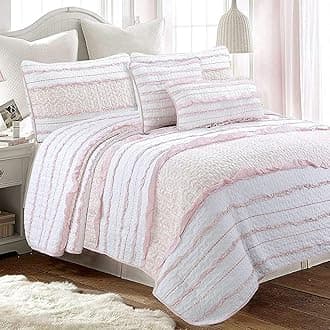 Cozy Line Home Fashions Pretty in Pink Girly Ruffle Stripped 100% Cotton Reversible Quilt Bedding Set, Coverlet, Bedspread (Pink Princess, Queen - 3 Piece: 1 Quilt + 2 Shams)