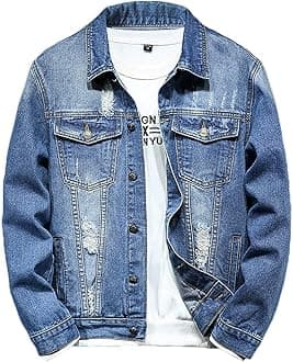 Rexcyril Men's Distressed Denim Jacket Casual Ripped Holes Button Down Trucker Jacket Jean Coat