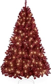 Best Choice Products 6ft Pre-Lit Burgundy Christmas Tree, Full Artificial Holiday Decoration w/ 947 Branch Tips, 250 Lights, Foldable Base