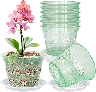 Orchid Pot, 8 Pack Orchid Pots with Holes & Saucers, Clear Plastic Pot for Repotting, Breathable Ventilation Planters for Phalaenopsis, Dendrobium & Oncidium Orchids(4 inch, Green)