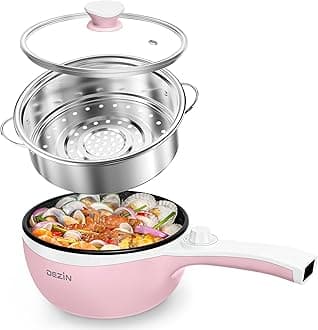 Dezin Hot Pot Electric with Steamer Upgraded, Non-Stick Sauté Pan, Rapid Noodles Electric Pot, 1.5L Mini Pot for Steak, Egg, Fried Rice, Ramen, Oatmeal, Soup with Power Adjustment