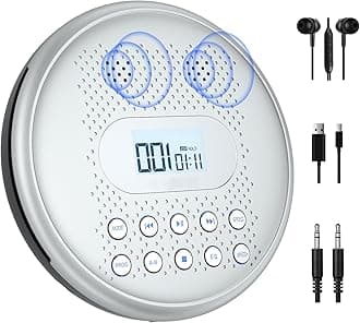 CD Player Portable, Rechargeable Portable CD Players for Car with Speakers, Anti-Skip Small CD Player with Backlit Button, LCD Display and AUX Cable