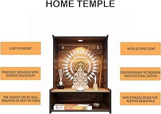 Rellon Industries Temple for Home, Mandir for Home for Pooja Mandir for Home Beautiful Wooden Temple for Home Pooja Stand for Home and Office with LED Spot Light mandir (A2)
