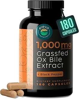 Grass-Fed Ox Bile Extract 1000mg Bile Salts Supplements with Black Pepper. Supports Digestive Health - 180 Count
