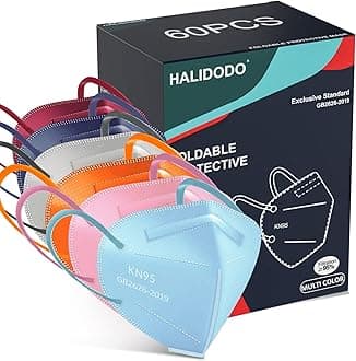 HALIDODO 60 Packs Individually Wrapped KN95 Face Mask 5-Ply Breathable & Comfortable Filter Safety Mask with Elastic Ear loop and Nose Bridge Clip, Protective Face Cover Mask, Multi Color
