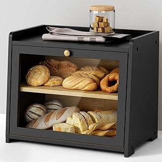 Black Bread Box for Kitchen Countertop, Large Bread Storage Container for Homemade Bread, Wood Farmhouse Breadbox Organizer for Kitchen Counter Corner, Cabinet, Pantry, Cupboard (Black)