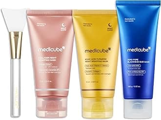 medicube Pore & Glow K-Viral Mask Set: Turmeric Overnight Wrapping Peel Off Mask and Collagen Overnight Wrapping Peel Off Facial Mask Pack and Zero Pore Blackhead Mud Facial Mask and Jelly Brush 1
