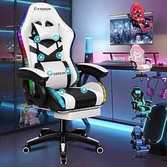 ELFORDSON LED Gaming Chair with 8-Point Massage, Swivel Office Chairs with Head Pillow Lumbar Support, Ergonomic Desk Chair with Armrests Footrest, PU Leather, White and Black